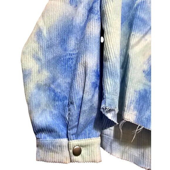 Tie-Dye Blue & White Corduroy Button-Up Crop Jacket With Frayed Hem Medium By - Picture 4 of 9